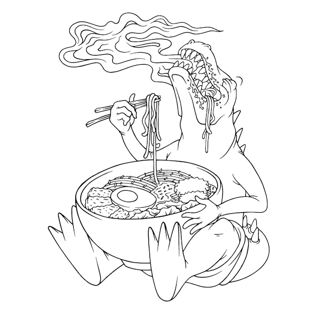 Coloring illustration of dinosaur eat ramen