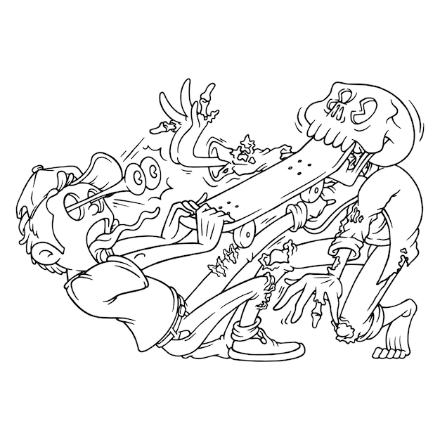 좀비와 싸우는 만화 스케이트보더의 색칠 그림