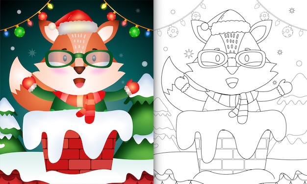 Disegni da colorare per bambini con una volpe carina con cappello da babbo natale e sciarpa nel camino