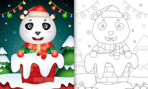 Disegni da colorare per bambini con un simpatico panda con cappello da babbo natale e sciarpa nel camino