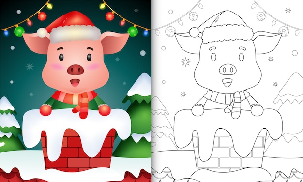 Disegni da colorare per bambini con un simpatico maiale usando il cappello e la sciarpa di babbo natale nel camino