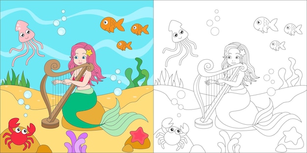 Coloring mermaid playing harp