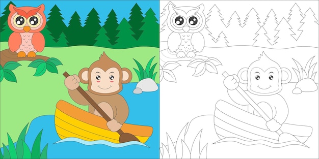 Vector coloring monkey rowing a boat