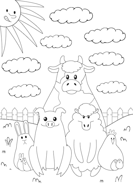 Coloring page about cute farm animals illustration