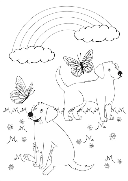 coloring page about golden retriever dogs and butterflies with rainbow