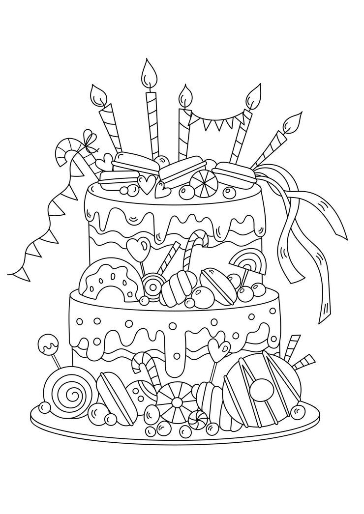 Coloring page for adults and children birthday cake heavily decorated antistress coloring book