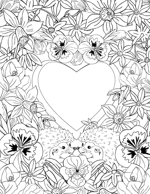 Coloring page for adults and children doodle illustration of hedgehogs in flowers and heart