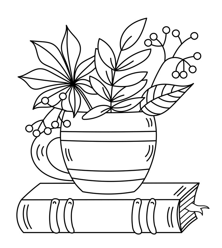 Coloring page for adults and children features autumn cup with leaves on book