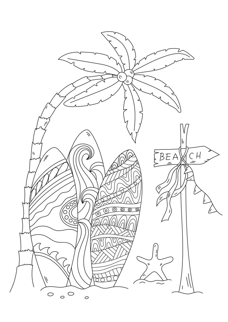 Coloring page for adults and children features surfboards near palm trees on an island