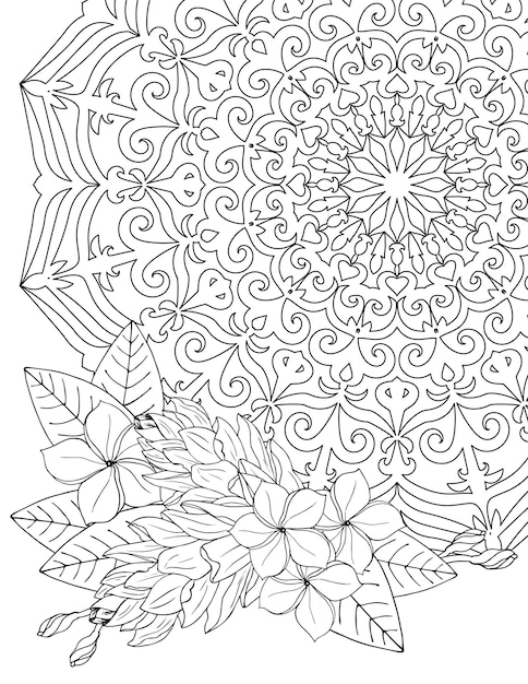 Pagina da colorare per adulti mandala e fiori tropicali