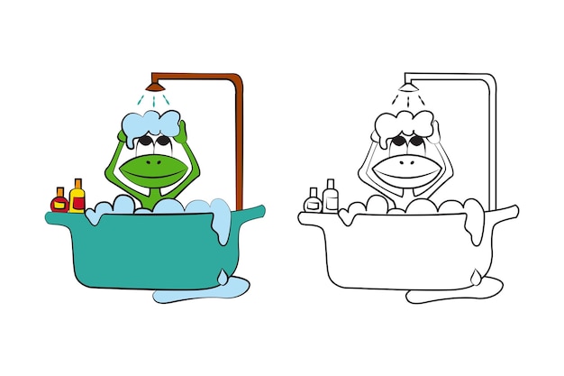 Coloring page Baby frog bathing in the bathtub and washing his head Black and white vector