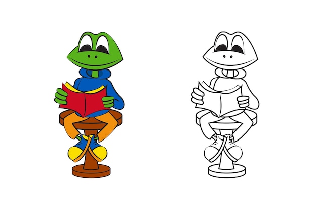 Coloring page Baby frog doing his homework and reading book Black and white vector illustration