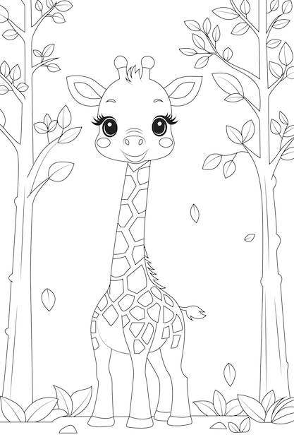 Coloring page a baby giraffe reaching for leaves on a tall tree