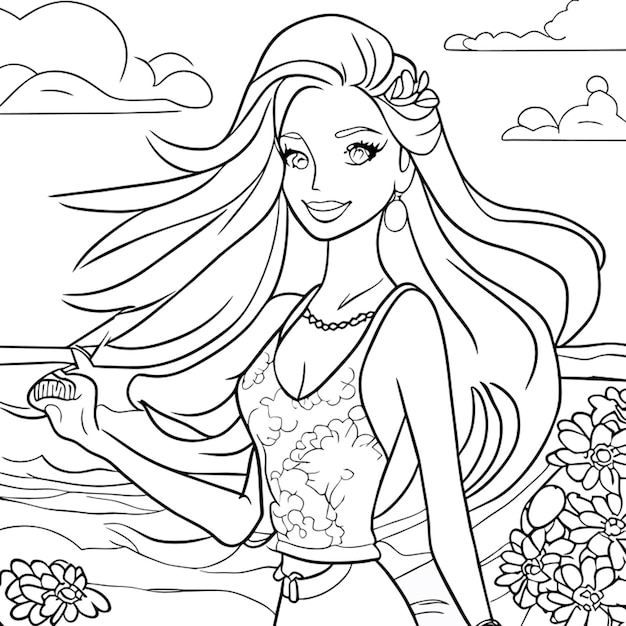 Pagina da colorare bambola barbie sulla spiaggia illustrazione vettoriale line art