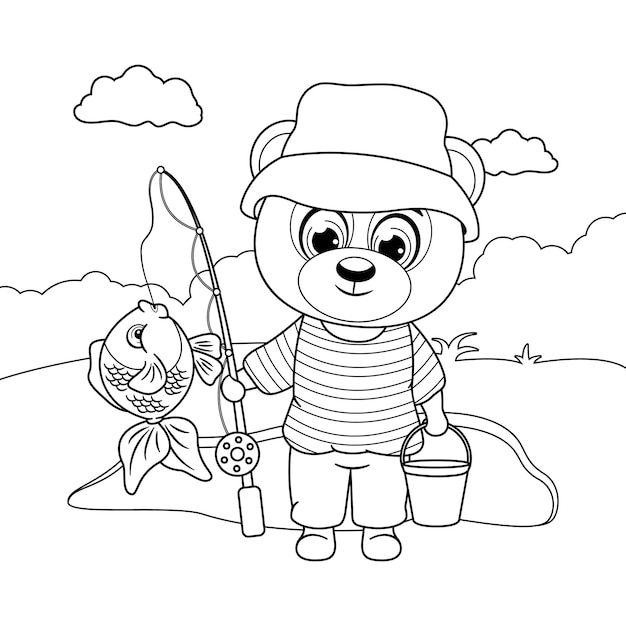 Premium Vector  Coloring page a bear with a fishing rod a bucket and a fish  by the pond