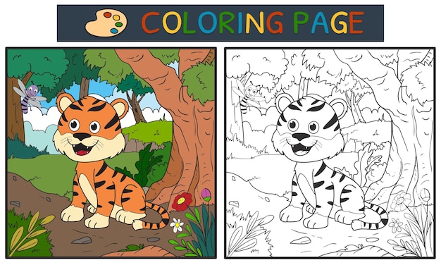 Pagina da colorare o libro con simpatica tigre e libellula nella foresta