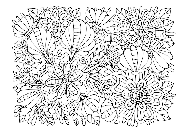 Coloring page bouquet flowers line art Floral pattern garden plants Hand drawn illustration