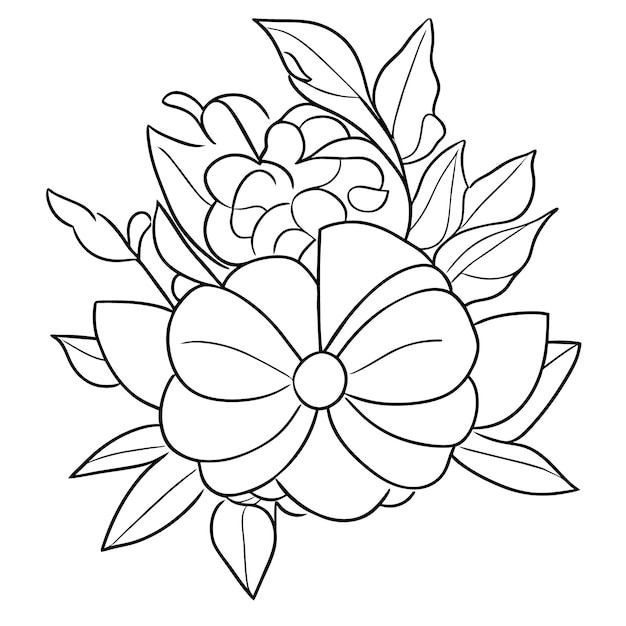 Coloring page of a bouquet of flowers with a bow