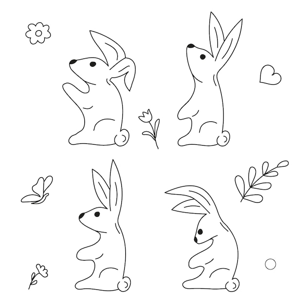 Vector coloring page bunnie different poses rabbit vector character illustration heart flower butterflies