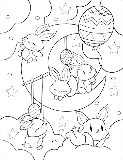 Vector coloring page of bunnies on a moon with a star on the top hand drawn vector