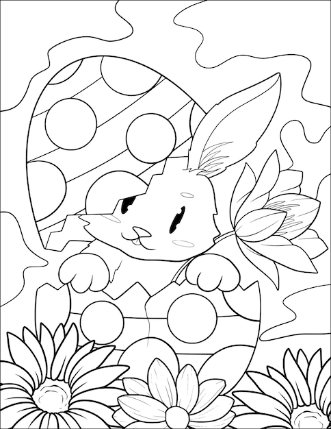 A coloring page of a bunny with a pattern of eggs