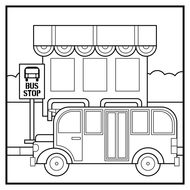 Coloring page of bus at bus stop