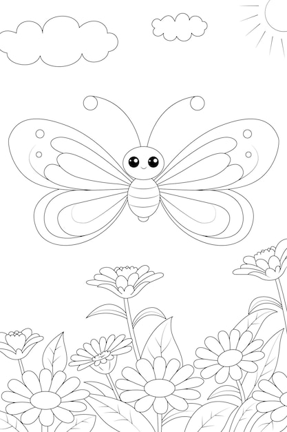 Coloring page a butterfly in the garden