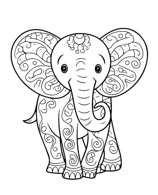 색칠하기 책에 대한 만화 아기 코끼리 벡터 그림의 색칠 페이지 손으로 그린 벡터 콜로