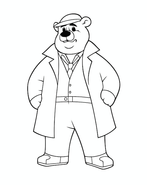 Coloring page of a cartoon bear wearing a coat and hat.