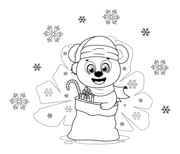 Coloring page Cartoon Christmas teddy with gifts