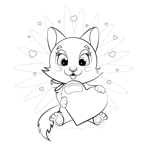 Coloring page Cartoon cute and cheerful kitty sits and holds a heart