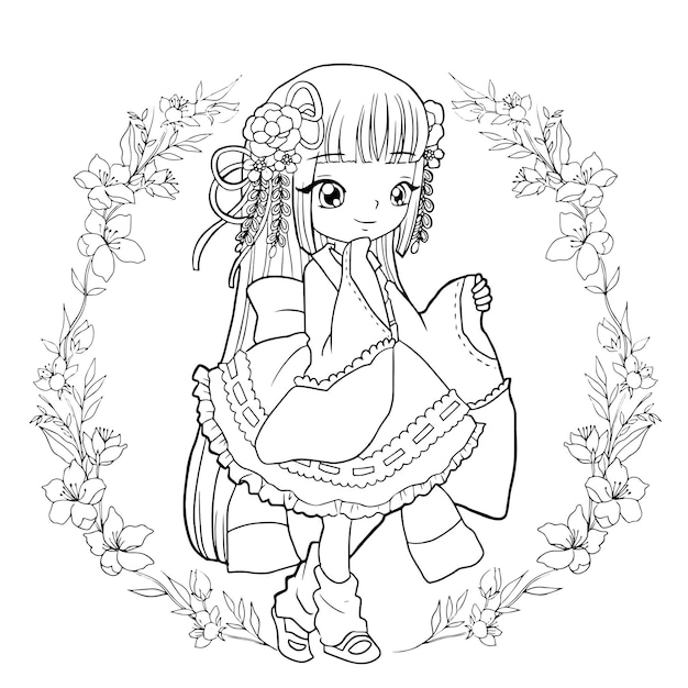 coloring page cartoon cute kawaii manga illustration clipart kid drawing character