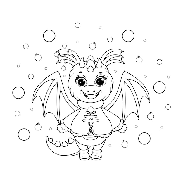 Vector coloring page cartoon dragon with christmas toys