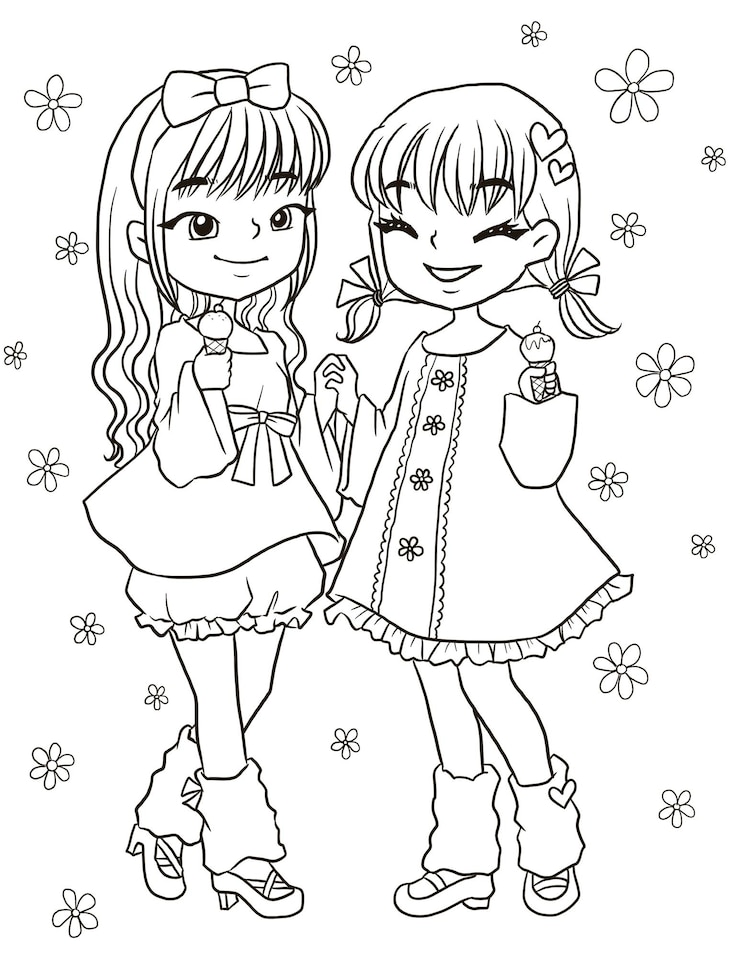Vector ぬりえページ漫画の女の子一緒に散歩するキャラクター