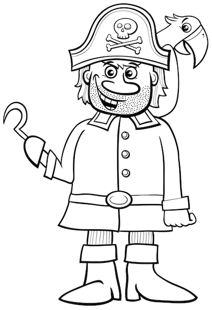 Раскраска страницы мультяшная иллюстрация забавного пиратского персонажа с крючком и ара