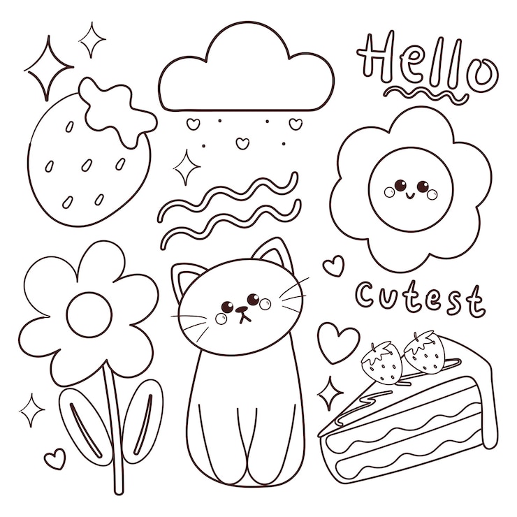 Vector coloring page cartoon kawaii sticker set cute sticker and doodle for coloring book