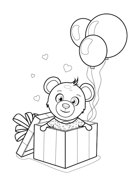 Coloring page cheerful bear in a gift box with balloons