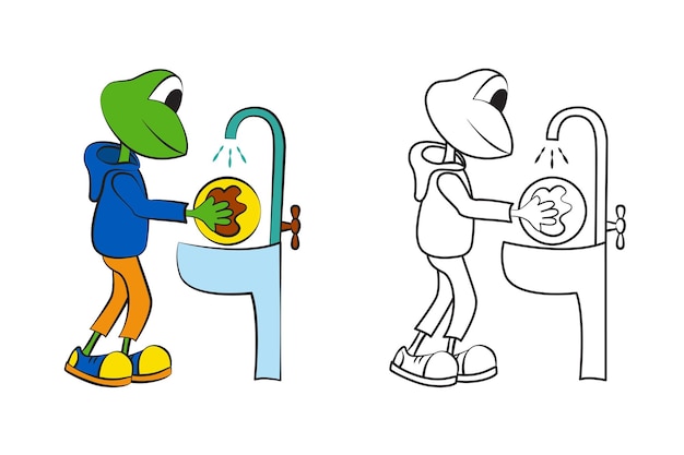 Coloring page Child frog washing dishes Black and white vector illustration