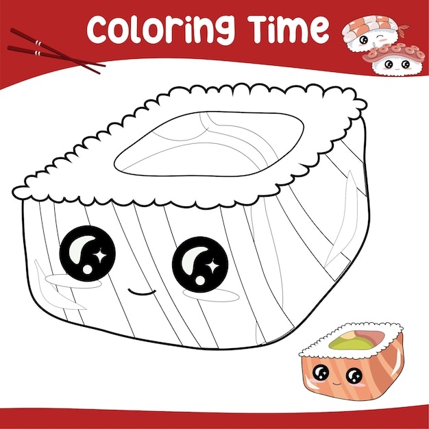 Pagina da colorare per bambini. foglio di lavoro da colorare stampabile educativo. sushi carino kawaii. archivio vettoriale