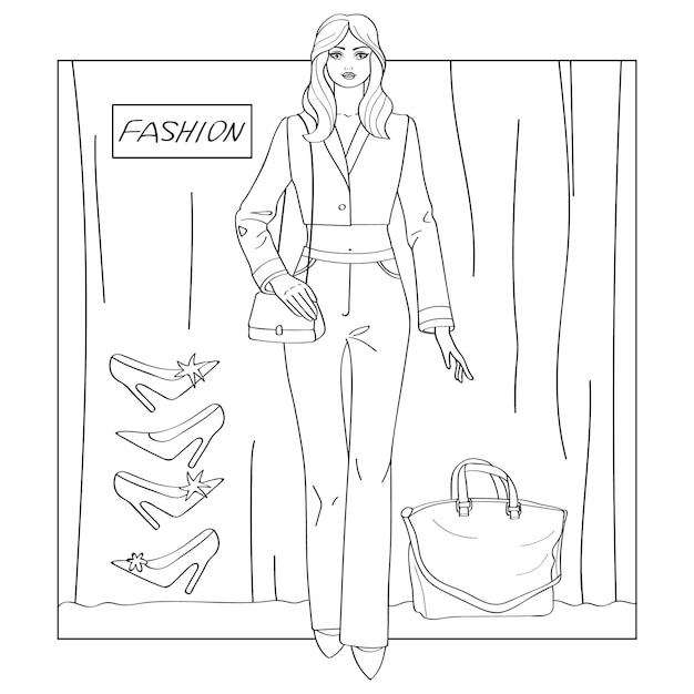 Coloring page for children. Fashion young girl line image for coloring