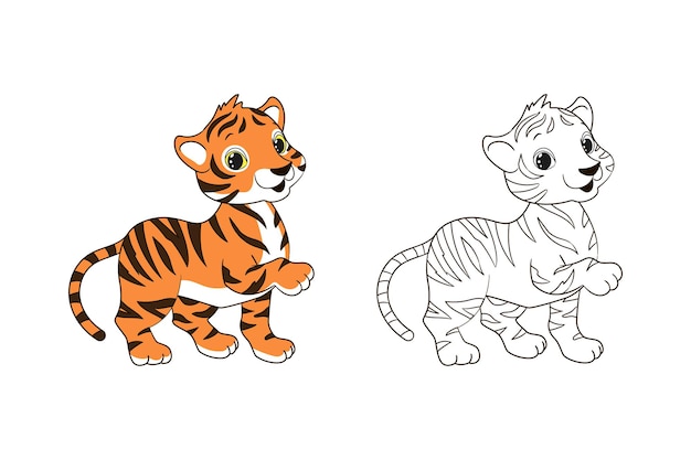 Pagina da colorare per bambini, piccolo cucciolo di tigre a strisce. illustrazione vettoriale in stile cartone animato, linea arte isolata
