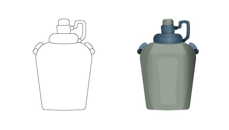 Vector coloring page for children metal water flask for camping survival military black and white