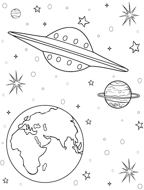 Coloring page for children on the theme of space black and white UFO