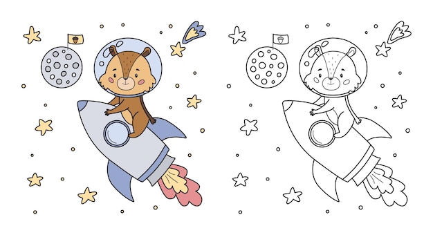 Coloring page for children with cute cartoon chipmunk on rocket