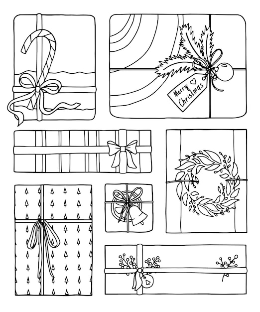 Vector coloring page. christmas gifts.