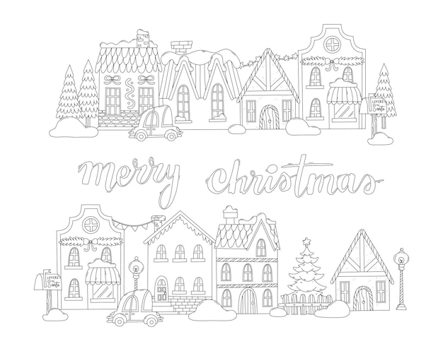 벡터 컬러링 페이지 다채로운 집, 자동차, 나무, 글자 등과 함께 크리스마스 마을