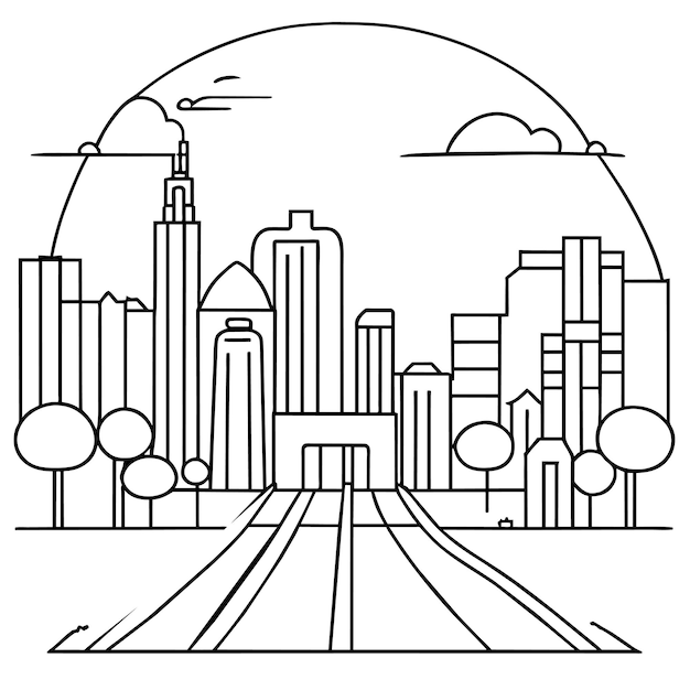 Vector coloring page cityscape with highway road and town