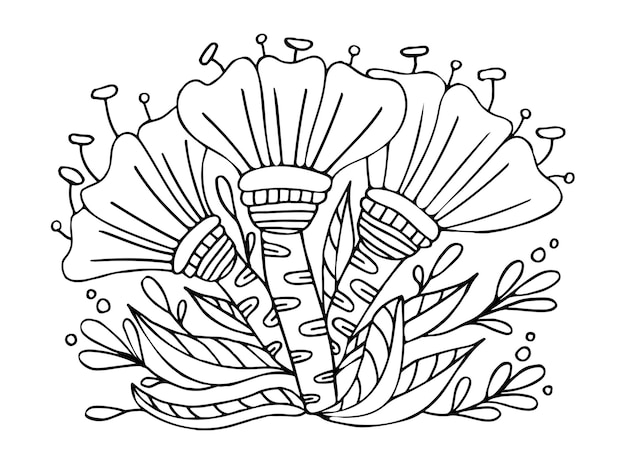 ぬりえページの色の細い線画ファンタジー ガーデン開花植物の花の花束満開のつぼみ手描き落書きベクトル イラスト夏子供と大人のための塗り絵