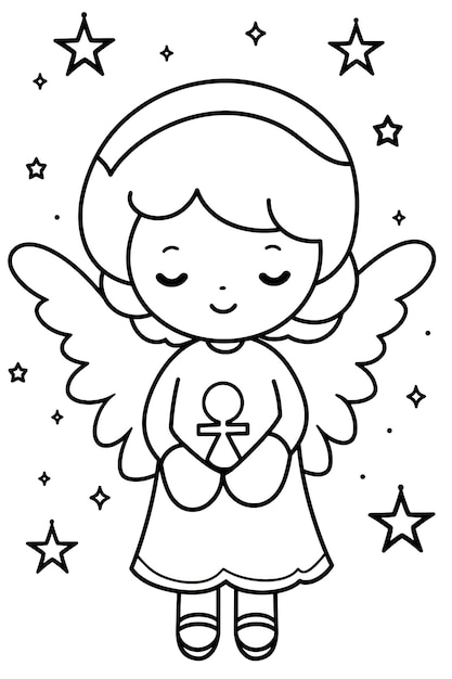 Coloring Page of a Cute Angel With Stars