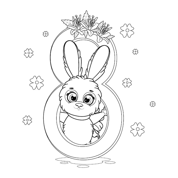 Coloring page Cute bunny with flowers and number 8